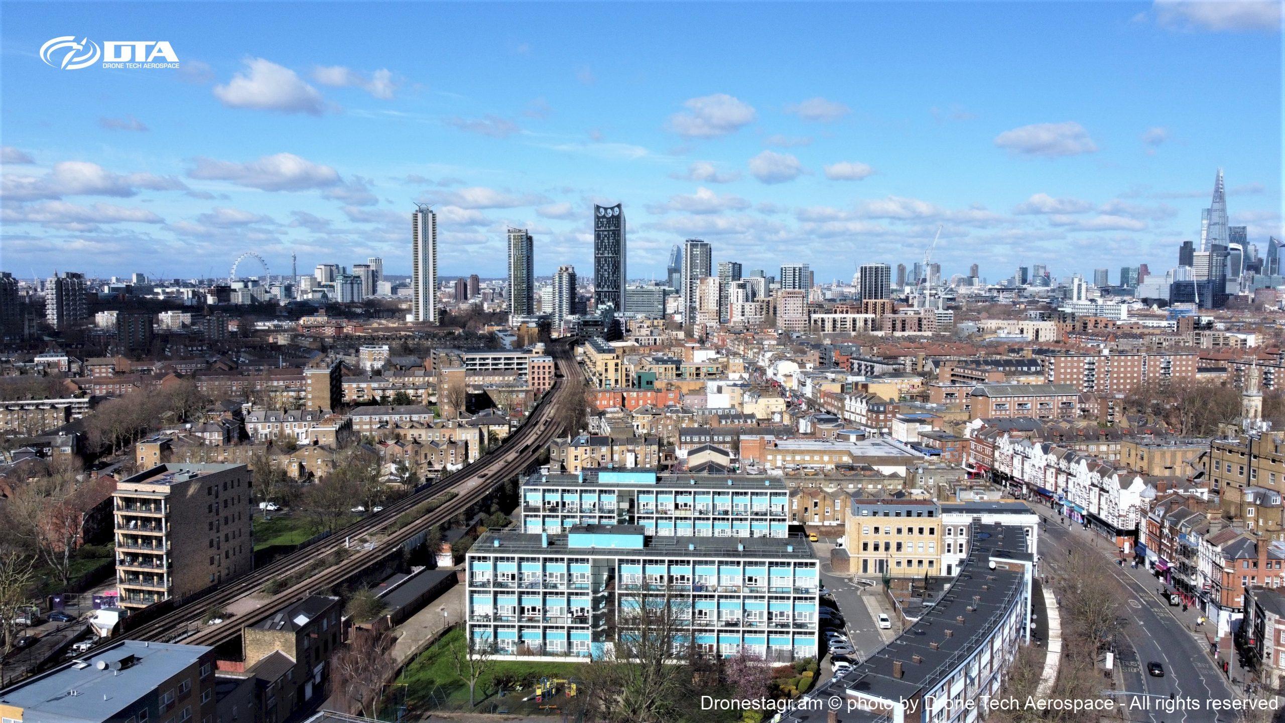 Drone photography of central London skyline, UK