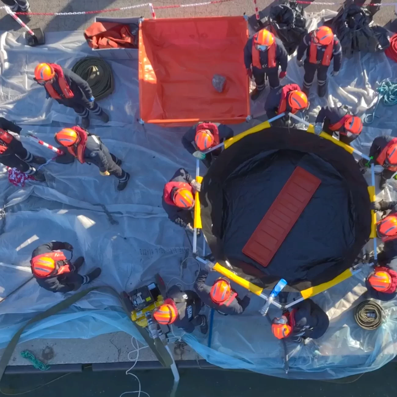 Drone photo of firefighters during an anti-pollution exercise, Marseille, France – Drone Photography